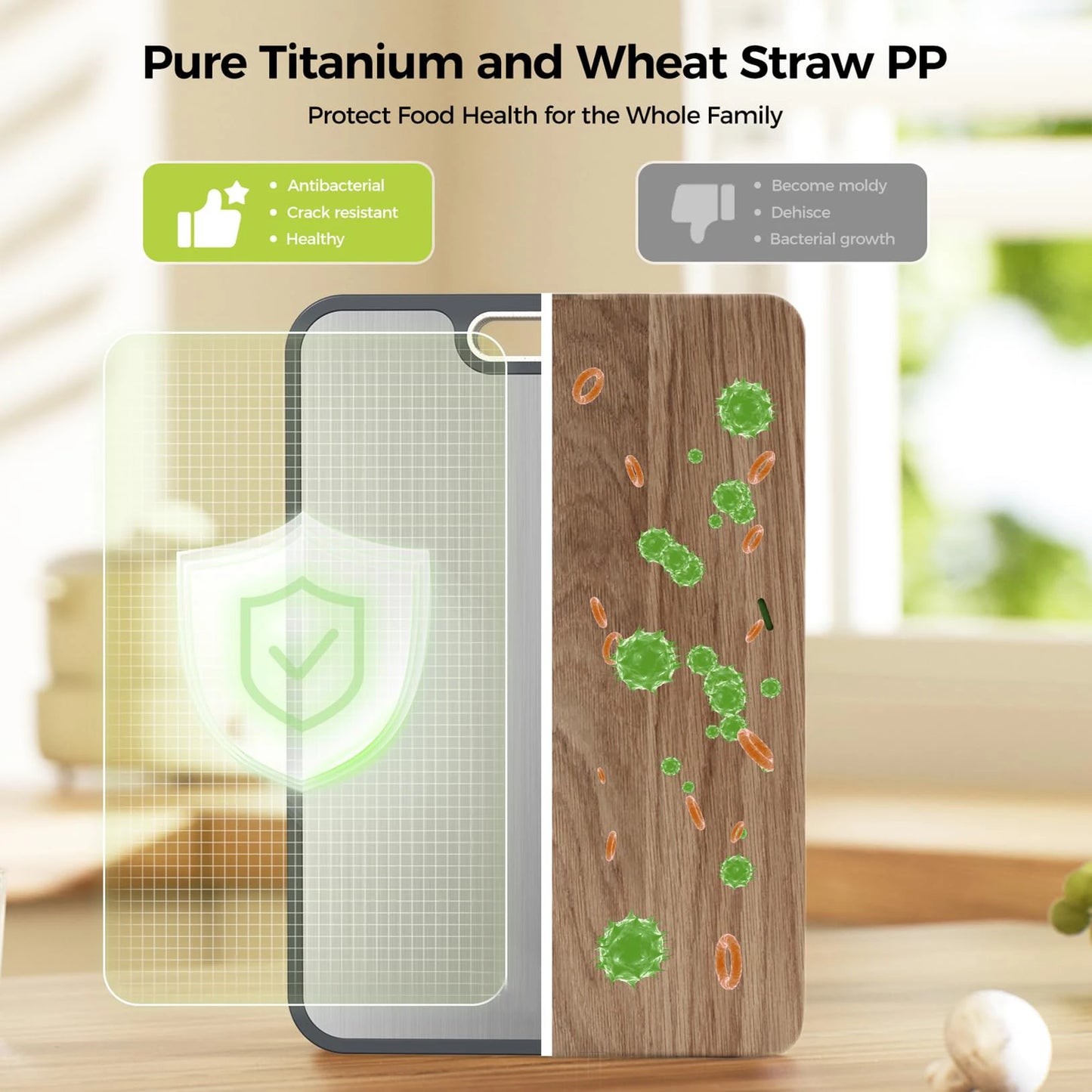 Pure titanium cutting board compared to traditional wooden board, highlighting antibacterial and hygienic properties designed to protect food health for families in Lebanon