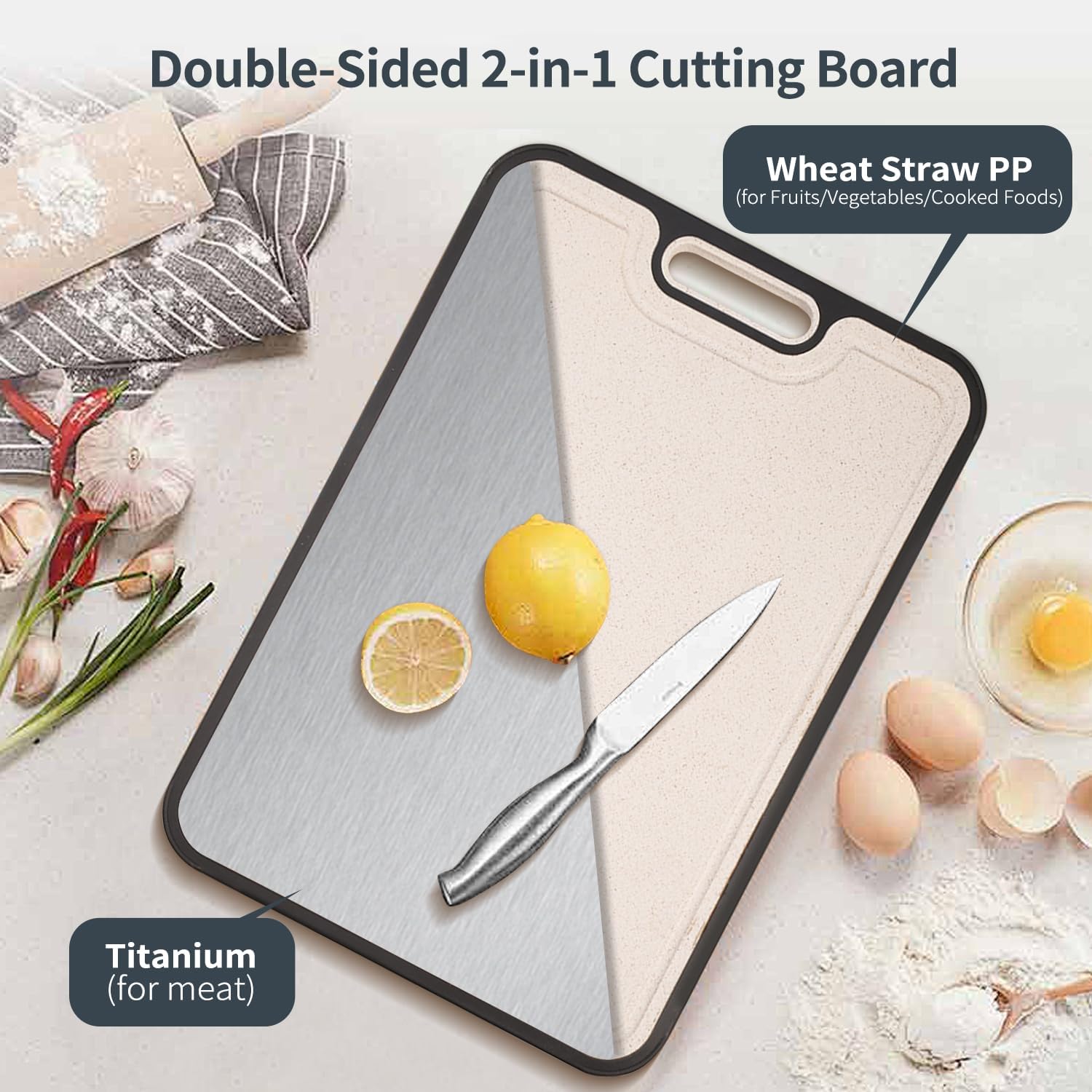 Double sided 2 in 1 cutting board showing titanium side for meat and wheat straw surface for fruits and vegetables, designed for hygienic food preparation in Lebanon