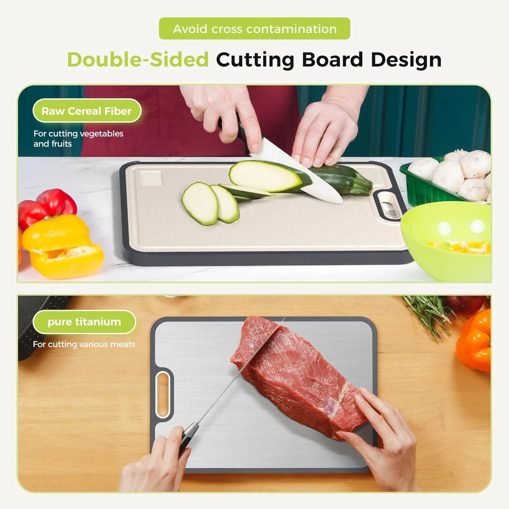 Double-sided pure titanium cutting board showing separate surfaces for vegetables and raw meat to help avoid cross contamination in everyday kitchens in Lebanon