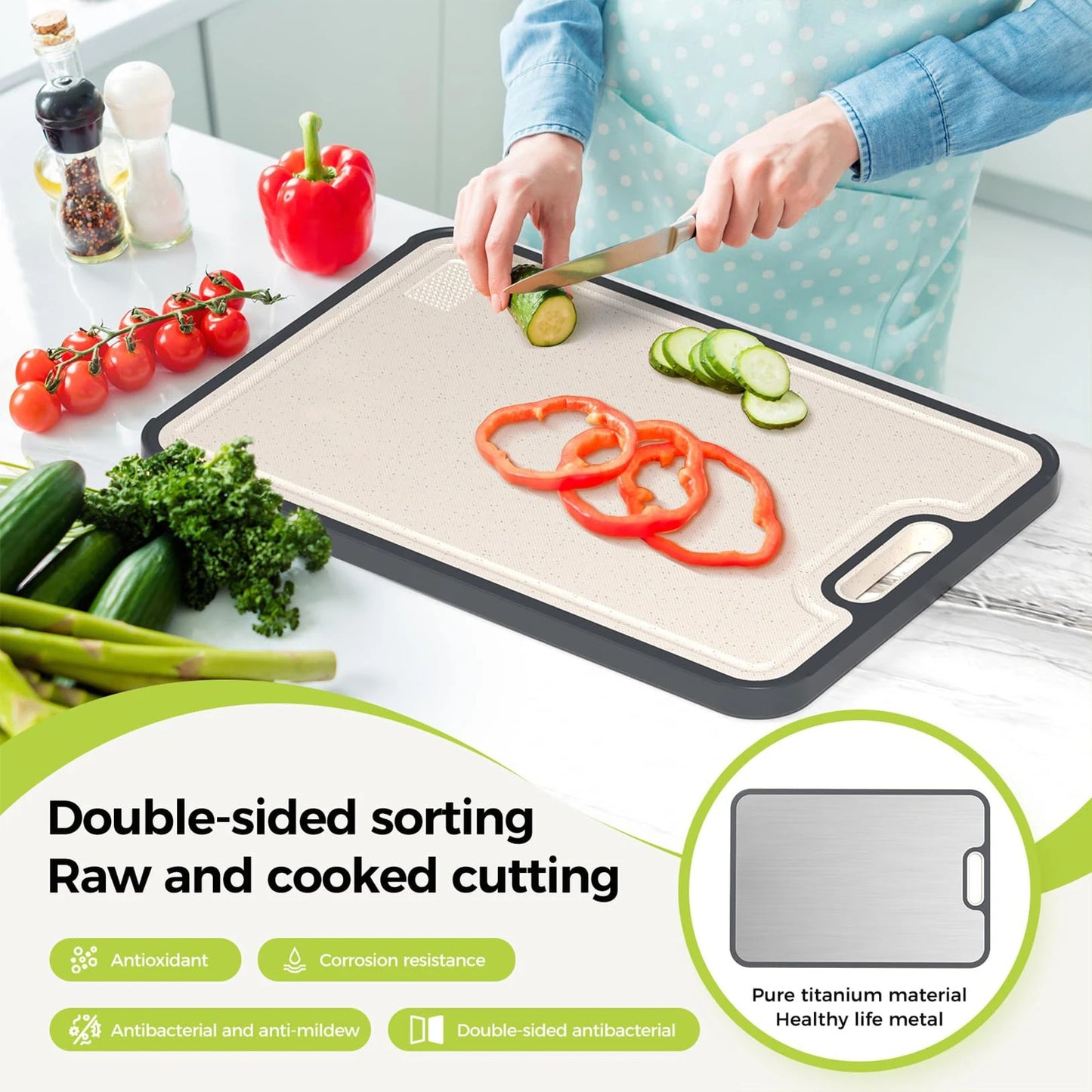 Double sided pure titanium cutting board used for sorting raw and cooked foods, supporting hygienic food preparation in Lebanon kitchens